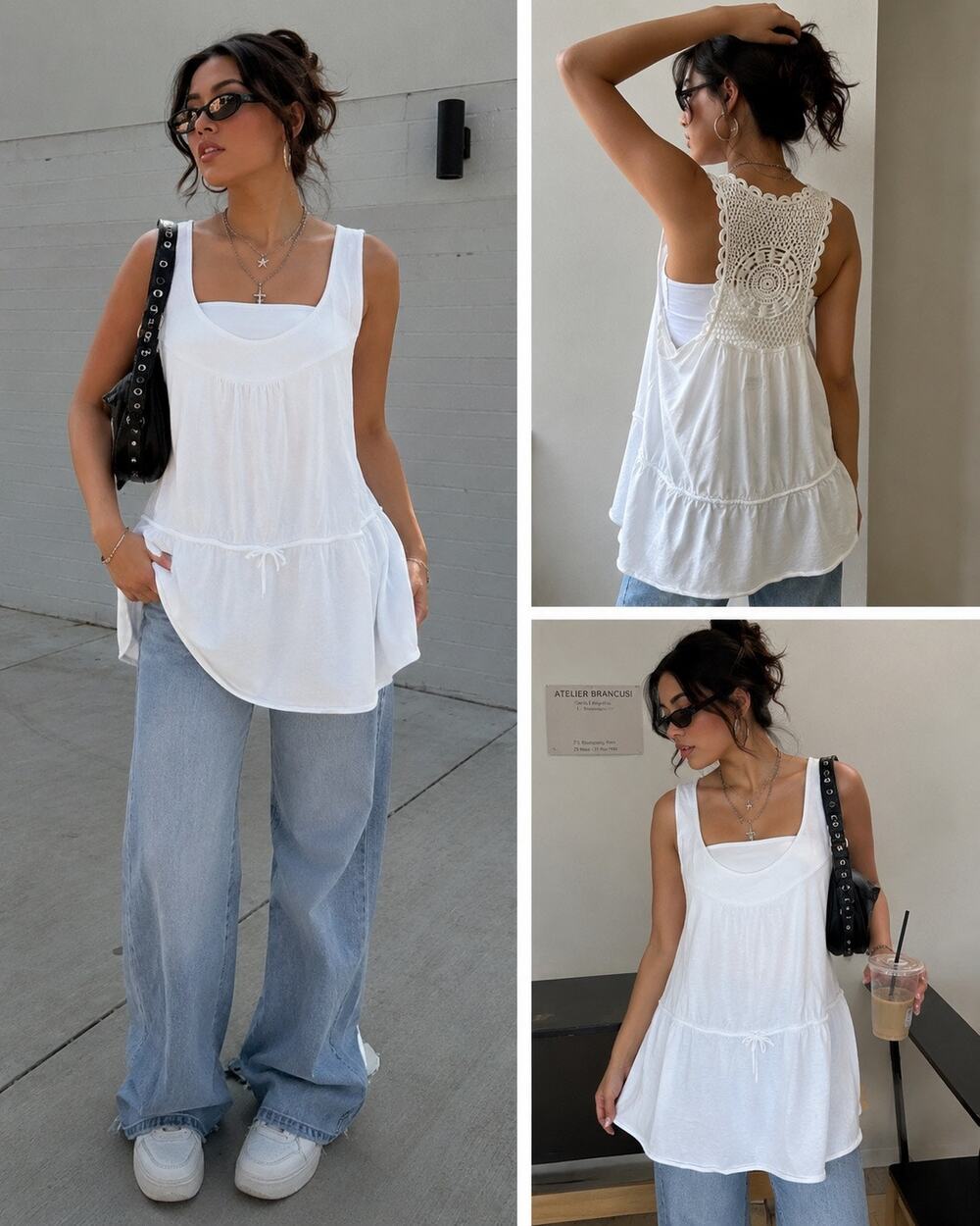 Converse Y2k Oversize Women's White Cut Out Crocheted Tank Top XL Cotton Modal